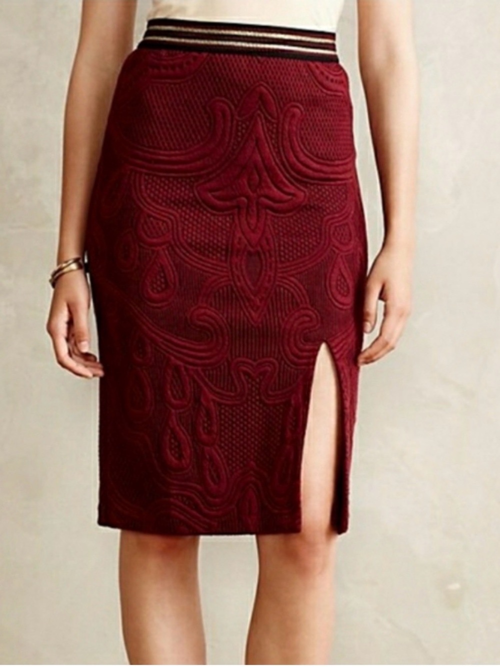 Maeve Embroidered Burgundy Pencil Skirt with Side Slit